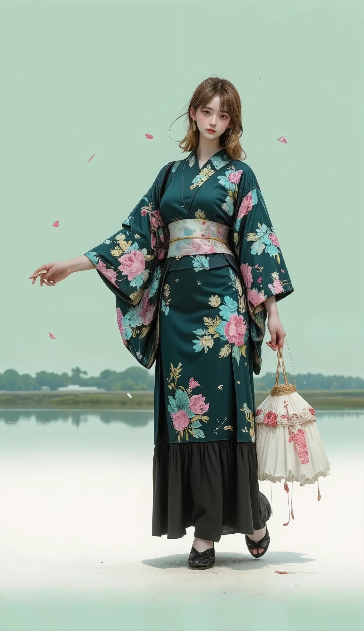 plano gran general, cuerpo entero, de pie a cabeza anatómicamente correcto:1.4, A girl in a Japanese yukata, floral pattern, cyan and pink colors, yellow accents, cyan and pink background, esta parada en la orilla de un rio con su sombrilla japonesa, en atardecer, realistic, photorealistic, high quality, 8k, masterpiece, ultra-detailed, cinematic lighting, beautiful detailed eyes, beautiful detailed lips, extremely detailed face and features, long eyelashes, elegant pose, intricate details, vibrant colors, soft lighting, dreamy atmosphere, lighting, chiaroscuro, cinematic lighting, Fujicolor, 8k, masterpiece, UHD, retina, masterpiece, accurate, anatomically correct, textured skin, super detail, high details, high quality, award winning, best quality, highres, 1080P, HD, 16k