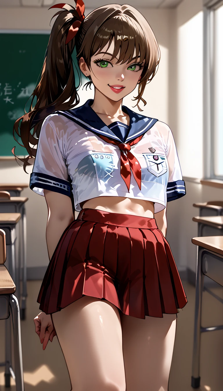 masterpiece, best quality, very aesthetic, ultra realistic, Sharp Focus, high contrast, 1lady, JK, detailed face detailed green eyes, smile, semi-long hair, dark brown silky hair, side ponytail, contrapposto, hands behind back, navel, Captivating thighs, knee, classroom, (sheer crop top white shirt), sailor suit, pleated skirt, red ribbon tie