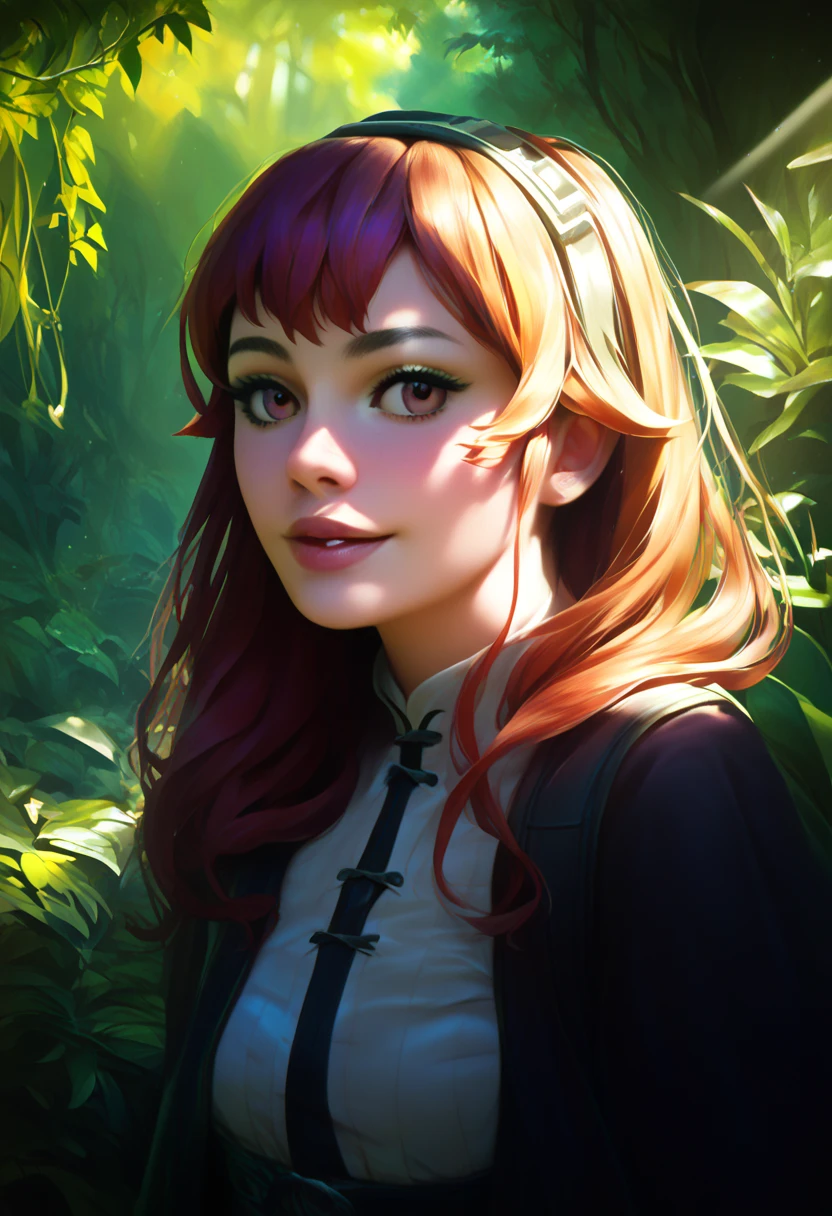 Eris boreas greyrat, beautiful adventurous girl, detailed facial features, adventurous pose, lush verdant forest background, sunlight streaming through trees, , intricate detailed fantasy art, highly detailed, 8k, photorealistic, masterpiece