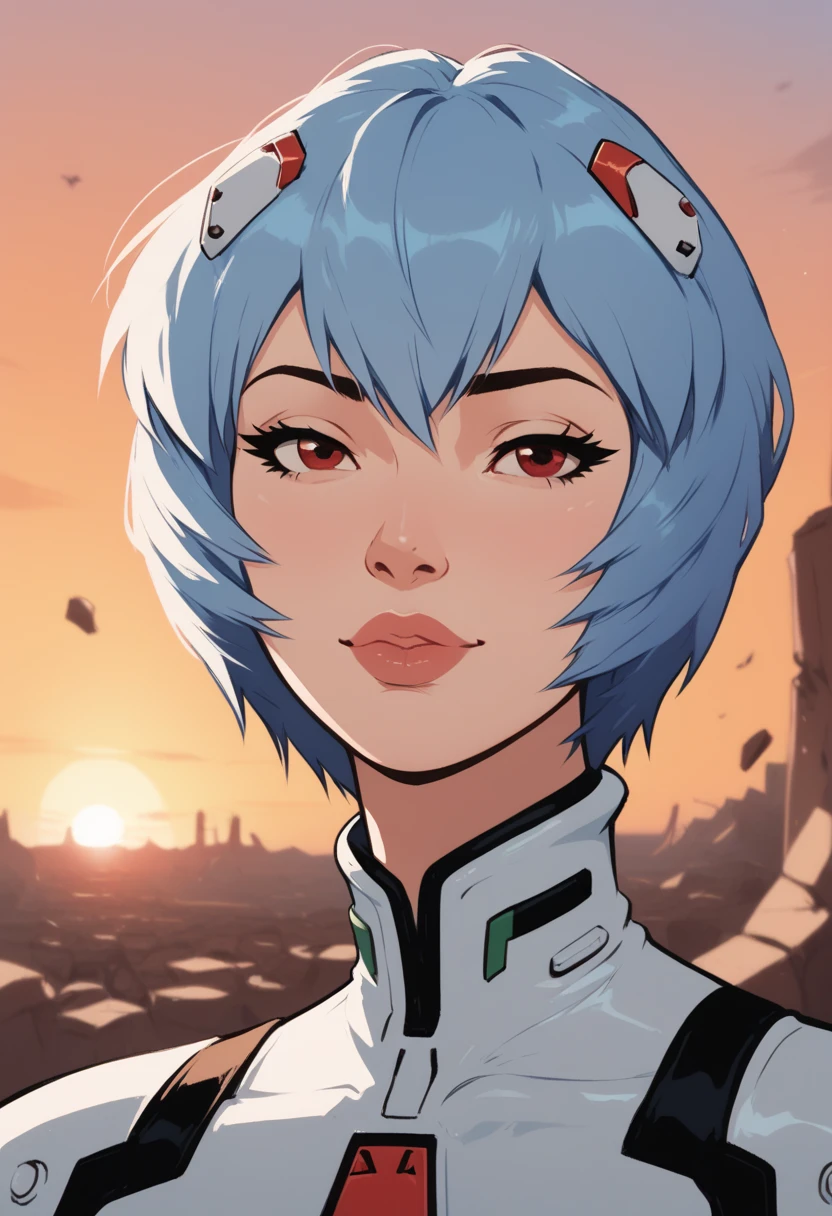 score_9, score_8_up, score_7_up, Western Comics, Portrait, (Ayanami Rei), cute, seductive, innocent, light smile:0.3, plump lips, slender body, red eyes, short light blue hair, floating hair, white plugsuit, sunset, rubble in the background, depth of field, dynamic angle, fashion photography, sharp, hyperdetailed:1.15