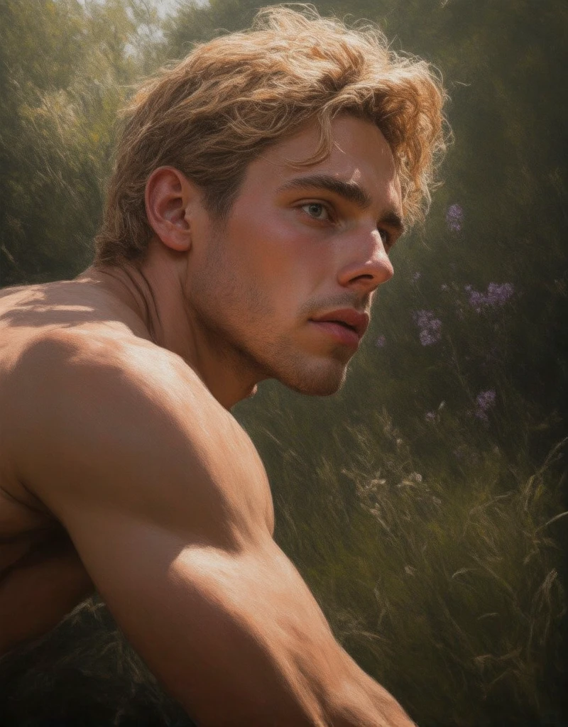 
A handsome Caucasian muscular man with blonde hair, chiseled jaw, in the grassy field, looking out the window, soft oil painting midjourney style, dark lighting, high contrast, dramatic lighting, close up showing head to torso, realistic garden with bokeh lighting in the background, light shining on his face and hair, soft dreamy finish