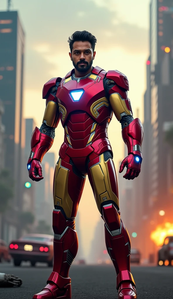 Create an image of Tamil actor Vijay as Iron Man standing firmly on solid ground in a bold, dramatic pose. He is wearing the iconic red-and-gold Iron Man armor, with glowing blue lights on his arc reactor and palms. His helmet is partially open, revealing Vijay’s face with a confident smirk. The background is a futuristic city under attack, with destroyed vehicles, glowing skyscrapers, and explosions in the distance. The scene showcases Iron Man’s technological brilliance and fearless nature in the face of chaos.