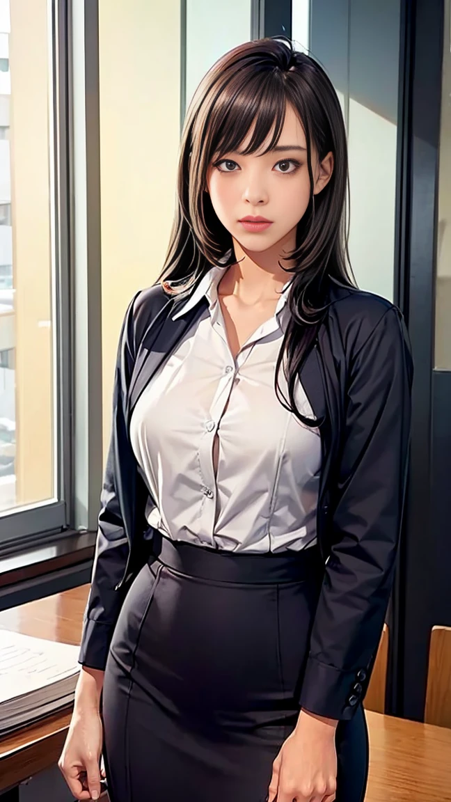 (Light underwear upper class elite secretary), Sente-se perto da janela,Outside the window is Manhattan Plaza,Outside the window is a Manhattan Plaza landmark,working in an office、 (Wear pantyhose)、(Cabelos longos)、 Use saltos altos、 (coxa e saia), Shirt secretary, comerciante, Use camisa e saia, business attire, business clothes, Foto CRU, (8K、maximum quality、obra-prima:1.2)、(detalhes intrincados:1.4)、(Photorealistic:1.4)、octane renderings、Complex 3D rendering with ultra details, detalhe vibrante, super detalhamento, texturas de pele realistas, Detalhe, olhos lindos e detalhados, Papel de parede CG Unity 16k muito detalhado, Maquiagem - maquiagem, (fundo detalhado:1.2), peles brilhantes、Nu com coxas!!!, white skirt collegial, black hair, sit on table, hair secretary style, dia chuvoso, rain drop at the window