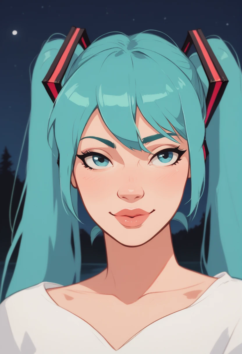 score_9, score_8_up, score_7_up, Western Comics, Portrait, Hatsune Miku, cute, seductive, innocent, light smile:0.3, plump lips, slender body, very long turquoise pigtails, moonlight passing through hair, night lake background, depth of field, dynamic angle, fashion photography, sharp, hyperdetailed:1.15