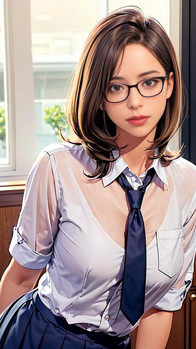 Young female, boarding school environment, student vibe, youthful appearance, short or medium-length hair, brown or soft hair color, wearing glasses (optional), slightly timid posture, school uniform, calm and gentle personality, hesitant expression, cute and indecisive aura, shy smile, soft lighting, warm campus background::1.5
