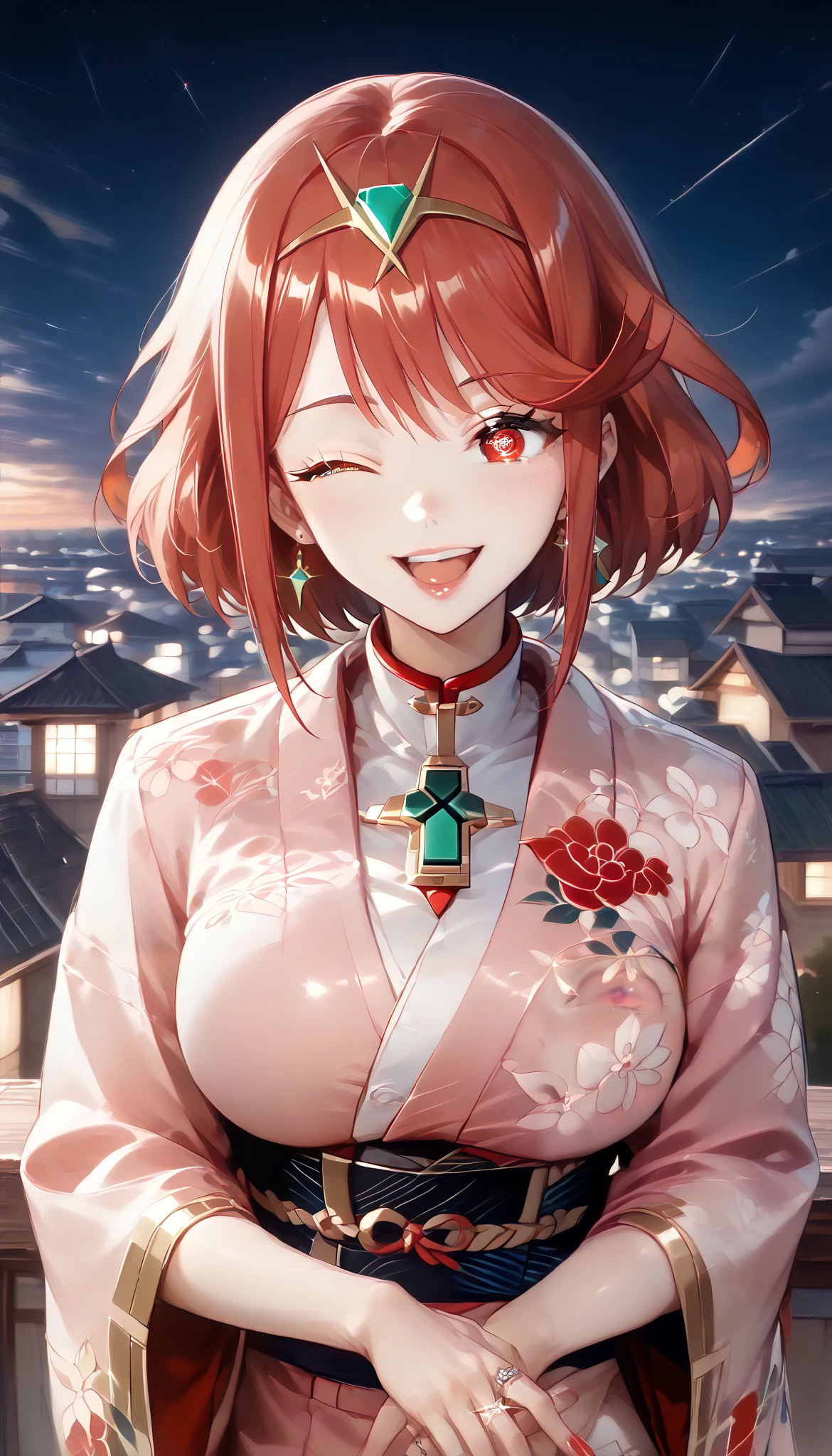 pyra \(xenoblade\), 1girl, red hair, short hair, swept bangs, bob cut, red eyes, Beautiful Face,Laughing embarrassedly,((Wink:2.0)),laugh with a big mouth, turn bright red,Glossy pink lips,night,rooftop,Festive decorations,You can see the ocean, firework,((Anime style background)),masterpiece, highest quality, so beautiful, Latest, Complex details, (Pink long nails),AI-generated, Complex,High resolution, highest quality, super high quality,3D Images、View your viewers、3D Images,,Anime woman posing for a photo, (Fine grain, Shining Eyes:1.4),(Squint your eyes:1.1),a hyperRealistic , hyperRealistic , Realistic, Smooth anime CG art, A woman in a colorful kimono with gold embroidery, (Pink kimono),Red floral pattern,Long flower hair ornament,Big earrings,(ring),(Big Breasts:1.1),Mature Body,Tall,Big Ass,Fine details,Tight waist,Abdominal muscles,(Face close up:1.4,)
