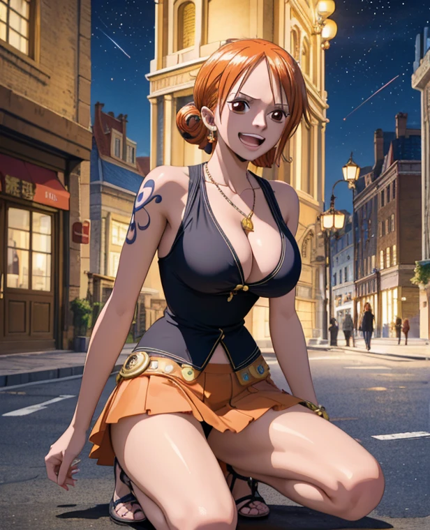  ( top quality , 4K, 8k,  high definition , masterpiece:1.2),  super detailed , ( realistic , photo realistic , photo- realistic :1.37) , Official Art , drawn in anime style , Nami in One Piece,Beautiful pale orange hair,Chignon, braids , Dominant Smile ,smile,Left shoulder tattoo, necklace, Big Breasts ,Blue dress,( jumping up and down),Around town, orange street lamp,(night), Eiffel Tower, Beautiful Starry Sky,アートスタイルはCharmingなアニメスタイルに似ている.  rendering. For enhanced visual effect, Add HDR, 超 high definition ,  Studio Lighting , Fine painting,  sharp concentration , 物理ベース rendering,  detailed description ,  professional ,  bright colors , ボケはなく安定拡散 professional ンプトを、Please enter as is, Generate realistic anime style for Nami in One Piece ,((( top quality ))), (( super detailed )),((masterpiece:1.5)),  detailed pictures, ( top quality : 1.4), ( One Girl ) , beautiful skin, Charming, 超 high definition ,  high image quality, (Sexually excited:1.5), Cinematic Writing:1.7, Sunshine Spot:1.3,shadow spot 1 .2,Perfect means, Perfect Limbs ,Perfect means