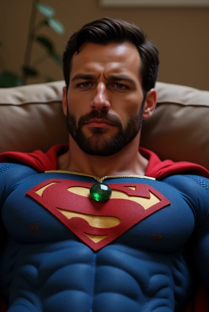 Zafer wearing a blue Superman costume, Superman suit, His chest displays the iconic "S" symbol. Superman's traditional red cape is present, attached to the shoulder and flowing behind him, lies on a sofa at home, pained facial expression, almost unconscious, eyes closed, a glowing emerald green crystal pendant hanging around his neck,