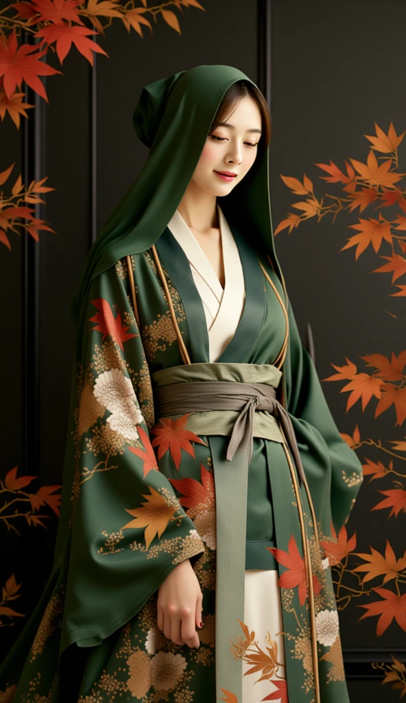 A stunning portrait of an Asian woman wearing a deep green silk robe adorned with vibrant Japanese maple leaves and golden accents. The maple leaves, painted in rich red, orange, and gold, cascade gracefully across the robe's surface, symbolizing the beauty of autumn. The robe's hood is pulled deeply over her head, completely covering her forehead and casting soft shadows over her face, while draping elegantly over her shoulders. Beneath the robe, a traditional white kimono peeks through at the neckline and sleeves, its surface delicately adorned with white plum blossoms and branches that flow naturally downwards.She is looking downward with a content expression, her head slightly bowed, adding a sense of mystery and calm. 

The subtle sheen of gold highlights the intricate details of both the maple leaves and floral patterns, enhancing the luxurious quality of the garment. The deep green silk contrasts beautifully with the vivid red and gold patterns, exuding elegance and timeless tradition.

The background is a gorgeous, black serene wall featuring subtle and glorious artistic Japanese-inspired patterns and soft light effects, enhancing the graceful and tranquil atmosphere. The woman gazes downward with a content expression, her head slightly bowed, evoking a sense of mystery and calm.