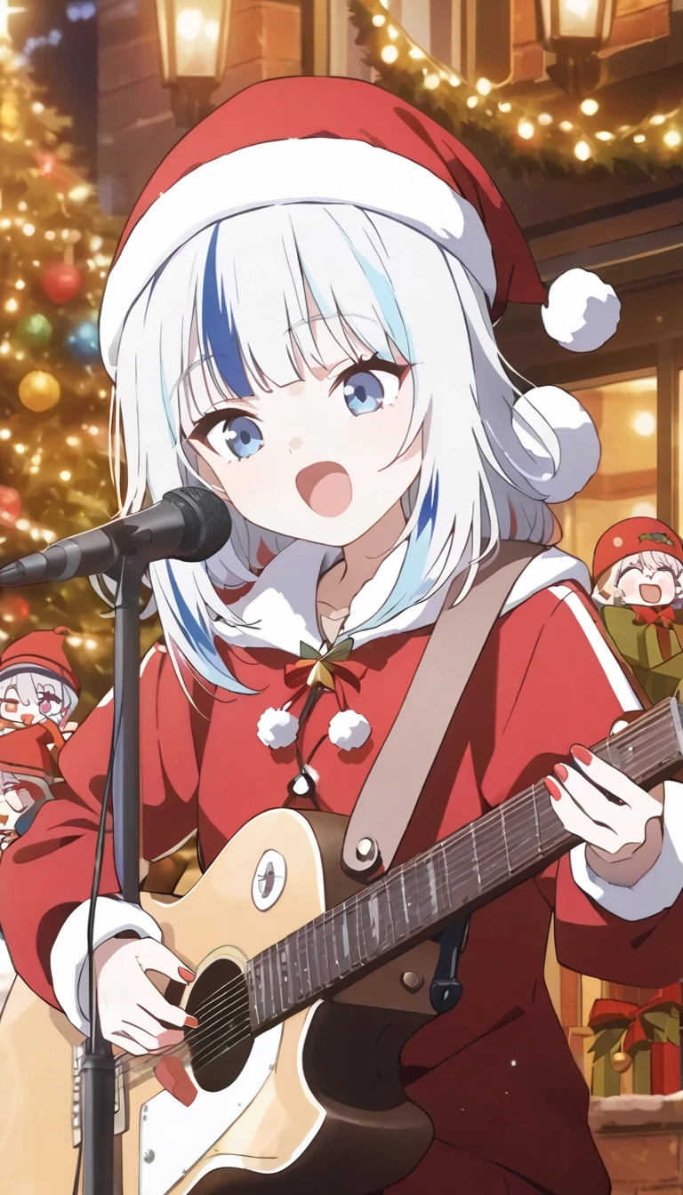 (( best quality  )), Gawr Gura playing the guitar singing,  Christmas winter scenes , Christmas Decorations,  Christmas illustrations ,  Christmas character designs , Christmas nail art ,  Christmas food and Christmas street scenes., XUER Guangying-Guangxiang