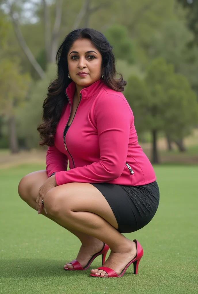  high definition ,  Closeup , Female professional golfer、 Big Breasts 、The jacket is golf wear 、 The bottom is a mini skirt 20 cm above the knee 、 I'm squatting with my back peeled 、 very thick thighs 、 I can't see the inside of the skirt、Sexy indian mature woman 