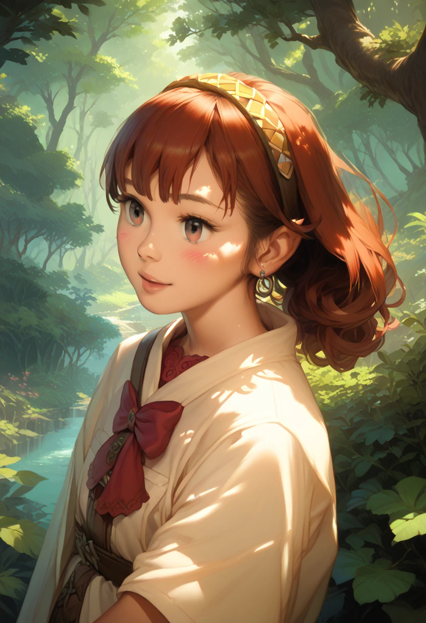 Eris boreas greyrat, beautiful adventurous girl, detailed facial features, adventurous pose, lush verdant forest background, sunlight streaming through trees, , intricate detailed fantasy art, highly detailed, 8k, photorealistic, masterpiece