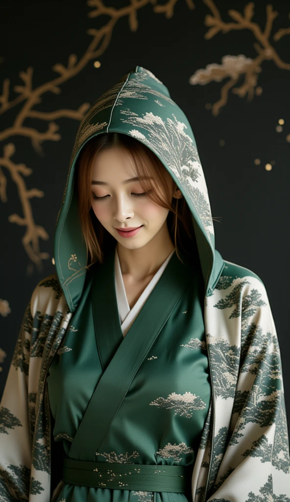 A stunning portrait of an Asian woman wearing a deep green silk robe adorned with intricate Japanese patterns depicting black pine trees and a serene snowy landscape. The pine branches, painted in shades of deep black and gray, stretch elegantly across the surface of the robe, their tips dusted with delicate, soft white snow, evoking a calm winter scene. The robe's hood is pulled deeply over her head, completely covering her forehead and casting soft shadows over her face, while draping gracefully over her shoulders.

Beneath the robe, a traditional white kimono peeks through at the neckline and sleeves, its surface embellished with subtle snowflake patterns and gentle frosted branches, seamlessly blending with the winter theme. The contrast of the dark pine trees against the pristine white snow on the robe creates an atmosphere of tranquility and quiet beauty. She is looking downward with a content expression, her head slightly bowed, adding a sense of mystery and calm. 


The background is a gorgeous, black serene wall with faint, artistic Japanese-inspired patterns of pine branches and snowflakes, illuminated by soft light effects. The woman gazes downward with a content expression, her head slightly bowed, surrounded by an aura of mystery and calm, reflecting the stillness of a winter's landscape.