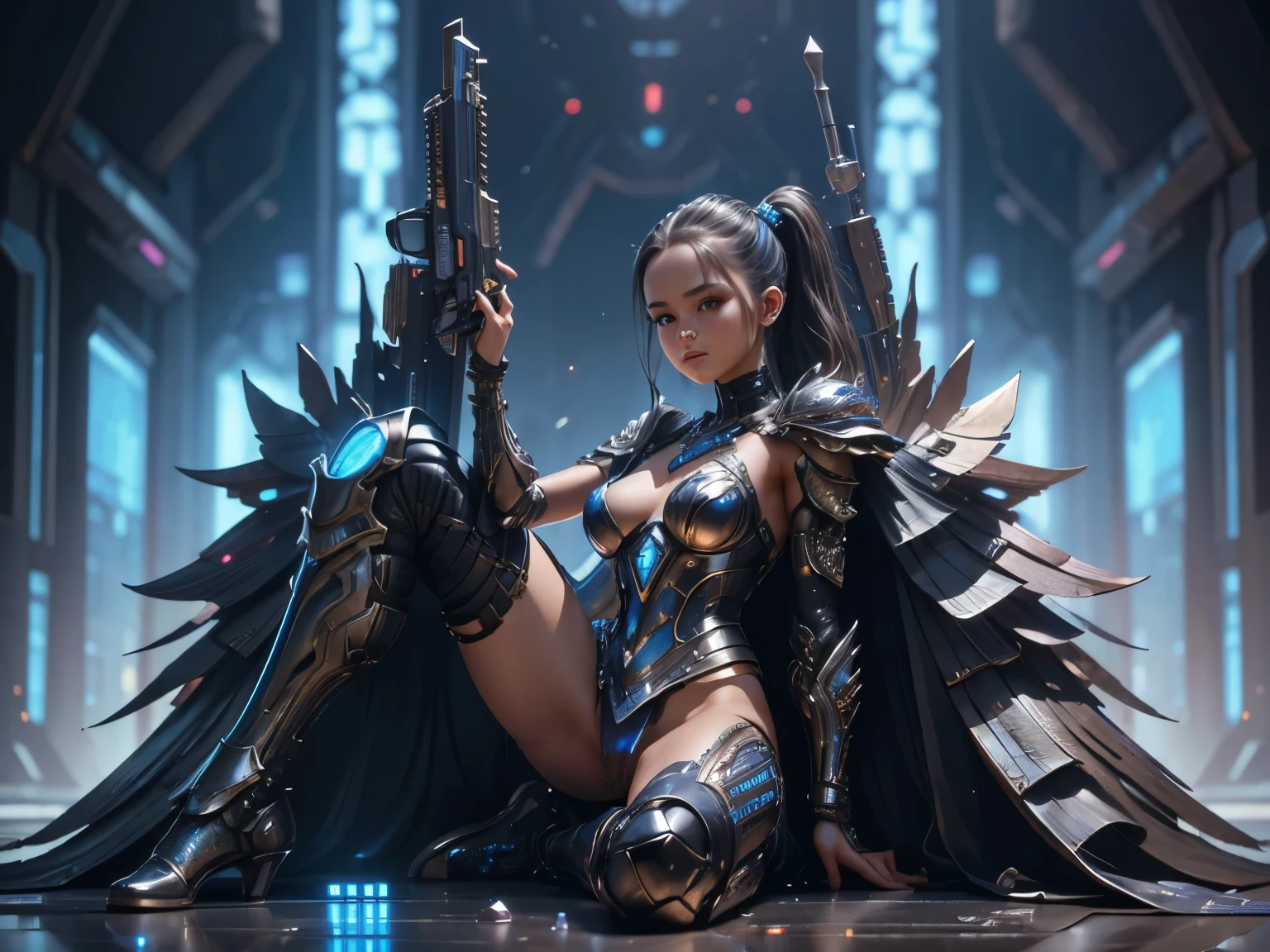 Image of beauty woman and a toddler babyboy, (realistic, detailed, best quality), full body, hold weapon, lay pose, naked futuristic armor, cyberpunk background