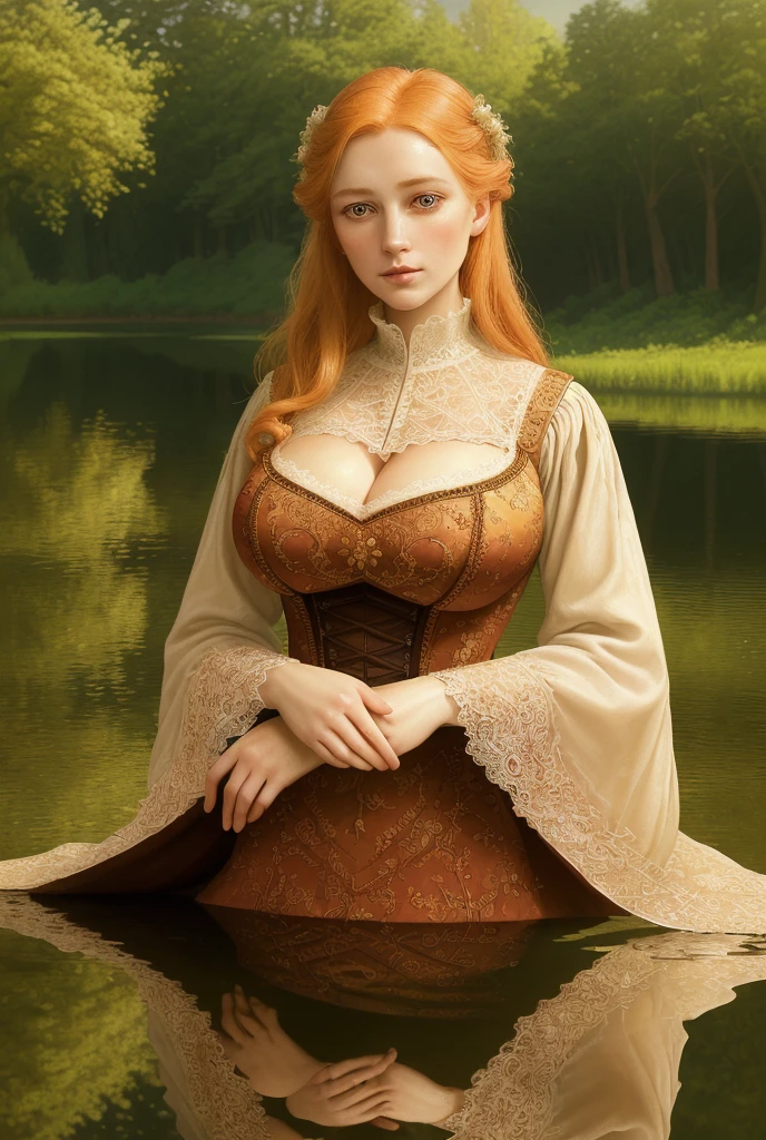 1800s aesthetic, redhead and blonde hair, sharp facial features, (gigantic breasts:1.3), beautiful detailed lace dress, long puff sleeves, cinched waist, refined silk or fine cotton fabric, elegant victorian fashion, detailed fashion illustration, swimming in lake, peaceful nature landscape, lush green foliage, warm golden hour lighting, reflections in water , high quality, realistic, photorealistic, 8k, masterpiece, intricate embroidery, delicate lace patterns, opulent textures, sumptuous folds, dramatic lighting, warm color palette, chiaroscuro, oil painting style