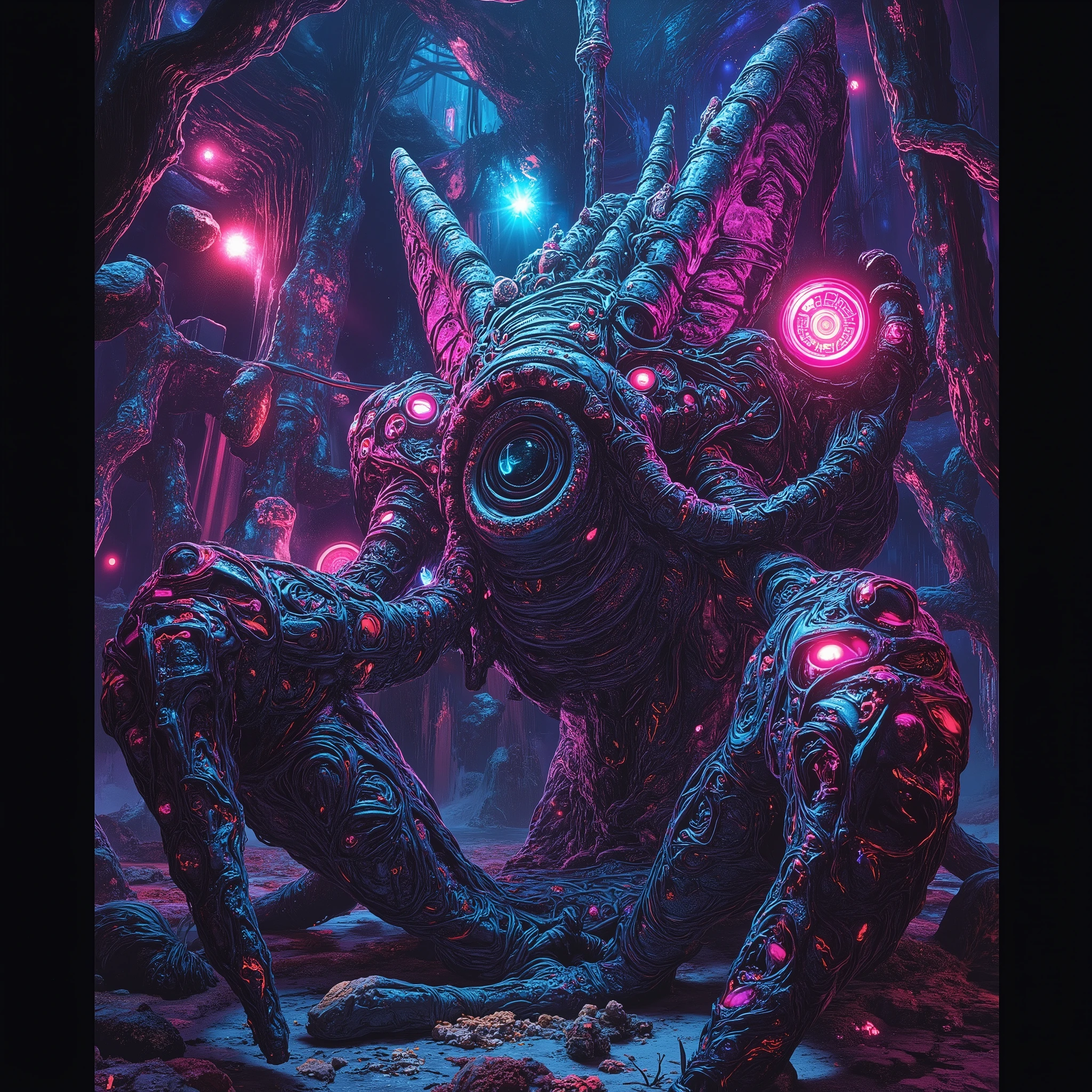 (best quality,4k,8k,highres,masterpiece:1.2),ultra-detailed,(realistic,photorealistic,photo-realistic:1.37),A neon-colored, mechanical biomorphism,horror art,intricate details,maximalist perfect illustration,digital painting art,quantum world,place of fear,surreal,dark,ominous,nightmarish,twisted,unsettling,unnerving,otherworldly,abstract,geometric,futuristic,cyberpunk,chiaroscuro,dramatic lighting,moody atmosphere,rich colors,deep shadows,glowing elements,unsettling anomalies