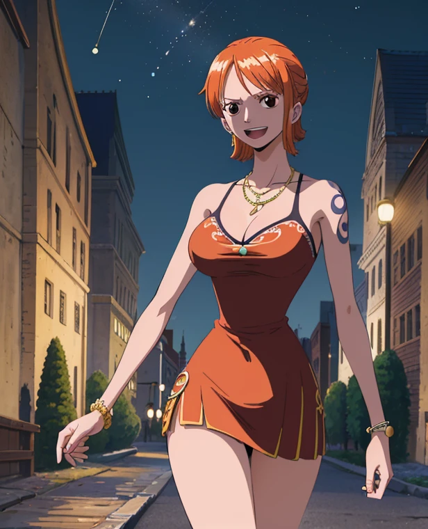  ( top quality , 4K, 8k,  high definition , masterpiece:1.2),  super detailed , ( realistic , photo realistic , photo- realistic :1.37) , Official Art , drawn in anime style , Nami in One Piece,Beautiful pale orange hair,Chignon, braids , Dominant Smile ,smile,Left shoulder tattoo, necklace, Big Breasts , white dress,( jumping up and down),Around town, orange street lamp,(night), Eiffel Tower, Beautiful Starry Sky,アートスタイルはCharmingなアニメスタイルに似ている.  rendering. For enhanced visual effect, Add HDR, 超 high definition ,  Studio Lighting , Fine painting,  sharp concentration , 物理ベース rendering,  detailed description ,  professional ,  bright colors , ボケはなく安定拡散 professional ンプトを、Please enter as is, Generate realistic anime style for Nami in One Piece ,((( top quality ))), (( super detailed )),((masterpiece:1.5)),  detailed pictures, ( top quality : 1.4), ( One Girl ) , beautiful skin, Charming, 超 high definition ,  high image quality, (Sexually excited:1.5), Cinematic Writing:1.7, Sunshine Spot:1.3,shadow spot 1 .2,Perfect means, Perfect Limbs ,Perfect means