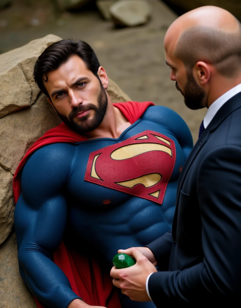 muscular attractive Zafer, with an undercut haircut combed back, short beard, wearing blue, form-fitting Superman suit with gold accents in the waistband, his chest displays the iconic "S" symbol. Superman's traditional red cape is present, attached to the shoulder and flowing behind him, lies on a rocky floor leaning against a rock, sore, with his mouth slightly open, he appears weak and in pain. Expression of pain, with blood on his face. Standing next to Superman is a bald man, dressed in a dark suit, The bald man holds a bright green crystal in his hand near Superman's chest
