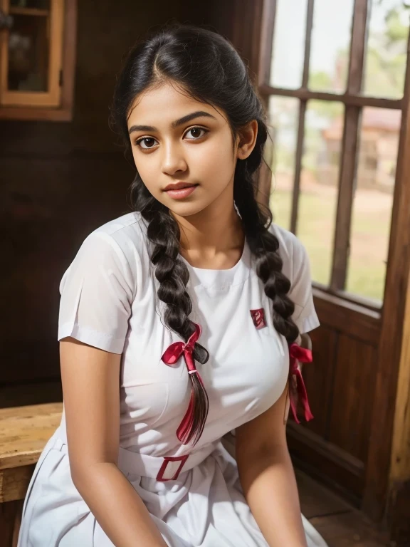 a beautiful detailed sri lanka girl, 1girl, twin braids hair, wearing white frock, black shoes, white socks, full body, big breast (best quality,4k,8k,highres,masterpiece:1.2),ultra-detailed,(realistic,photorealistic,photo-realistic:1.37),intricate details,extremely detailed skin,studio lighting,HDR,UHD,vivid colors,natural lighting,soft shadows,elegant,flawless skin,looking at camera