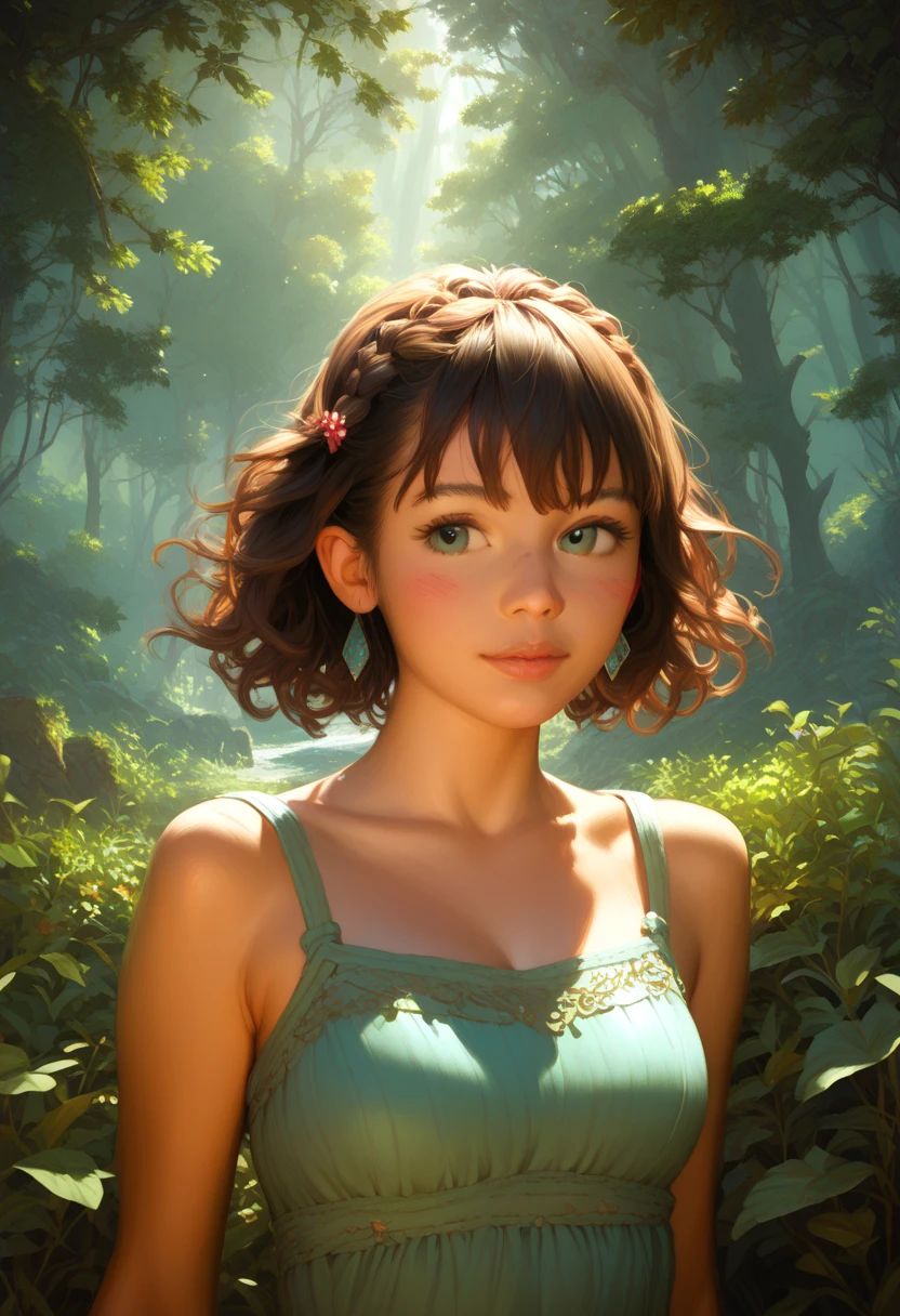 Eris boreas greyrat, beautiful adventurous girl, detailed facial features, adventurous pose, lush verdant forest background, sunlight streaming through trees, , intricate detailed fantasy art, highly detailed, 8k, photorealistic, masterpiece