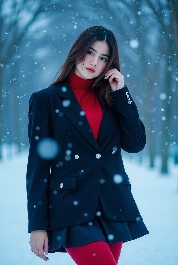 In this 8k RAW masterpiece, a young woman stands amidst a serene snowfall, surrounded by delicate snowflakes and misty atmosphere. Her dark blazer with silver buttons complements the flowing pleated skirt, while a bold crimson tie and tights add a striking pop of color against the snowy backdrop. Soft, cinematic lighting casts a bluish glow, amplifying the dreamy ambiance as iridescent particles dance around her. She's lost in thought, holding her hand to her ear with an introspective expression.