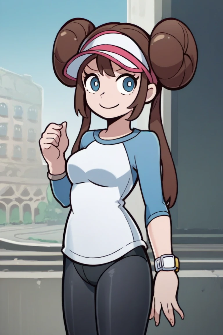 1girl, solo, romeisabwii, brown hair, hair bun, twintails, blue eyes, visor cap, pantyhose, raglan sleeves, shorts, shirt, pink bow, wristwatch, outdoors, city, standing, smile