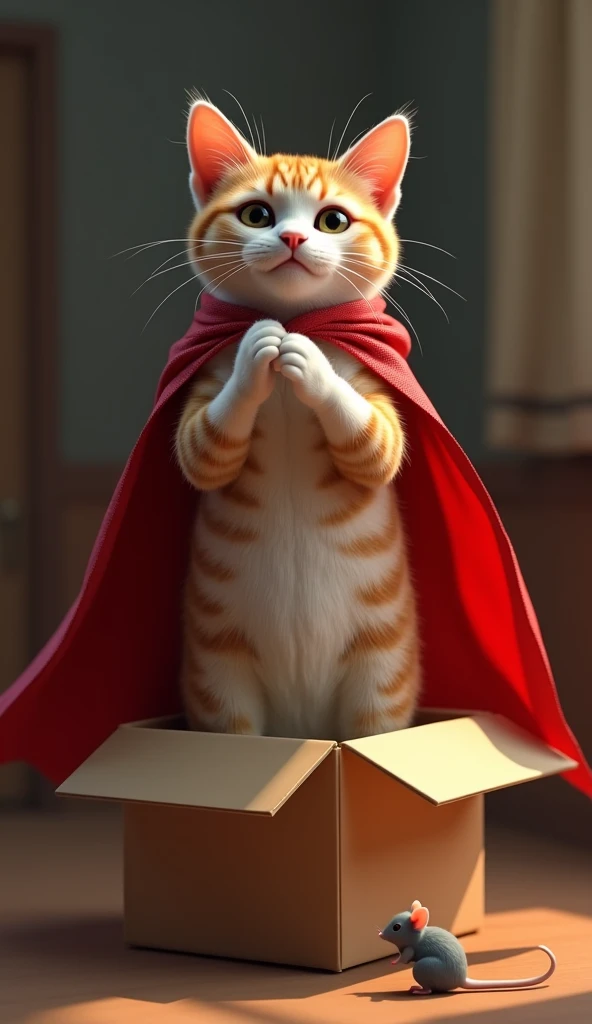 Imagine a cat with soft, fluffy fur, with a compact and muscular body, weighing approximately 4 kilos. Its coat is pure, bright white., without a single stain, Enhancing Your Angelic Aspect. Your eyes are big and expressive, deep blue, shining with a curious intelligence. The ears are pointed and always alert, with small tufts of hair at the ends, giving it a slightly wild look.
Dressed like Superman, the cat sports a tight blue uniform, that fits perfectly to your athletic body. The iconic symbol of "S" in red and gold is printed proudly on the chest, standing out against the blue of the uniform. Around your waist, a red belt divides the top of the uniform from the blue pants, completing the heroic look.
A vibrant red cape floats gracefully behind him, secured by golden hooks on the shoulders. The cape is long enough to drag slightly across the floor when he is standing still, but it is light and fluid, moving elegantly with every jump and run. Its paws are covered by small red boots., that add a finishing touch to the outfit, giving you an even more fearless look.
The cat's expression is one of pure confidence and determination, with a slight smile on your face that suggests a readiness to face any challenge. His white whiskers tremble slightly with each movement, adding a touch of charm to your heroic look. With his combination of innate cuteness and superhero costume, This cat is the embodiment of courage and adorableness, ready to save the day in style.