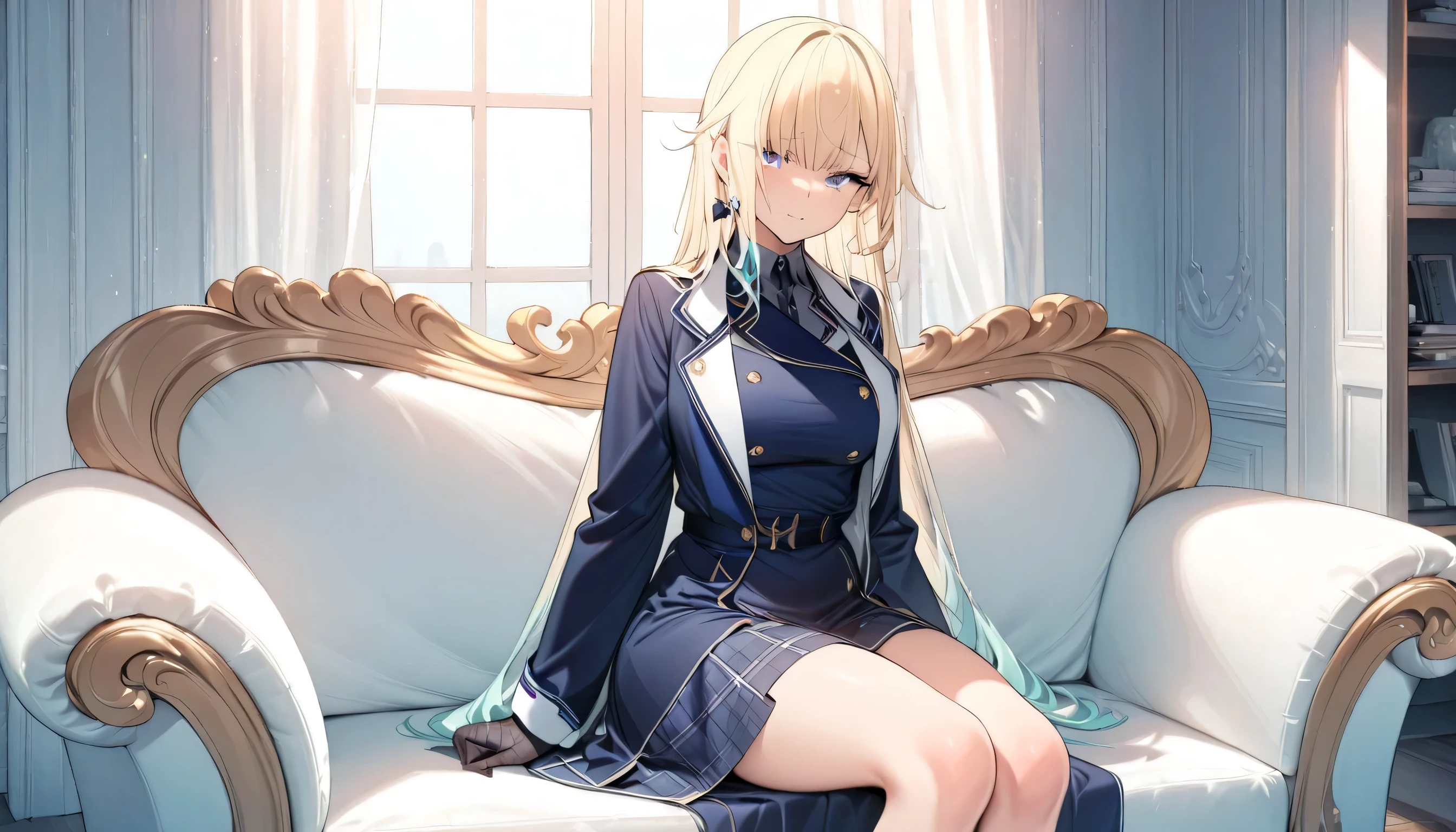 A young girl,blond hairbl,blue color eyes,White trench coat,A masterpiece,Finger details,white stockings,painting of beautiful,high qulity,highly  detailed,Detailed eyes,Perfect skin,Floating hair,Treated hair,Horizontal viewing angle