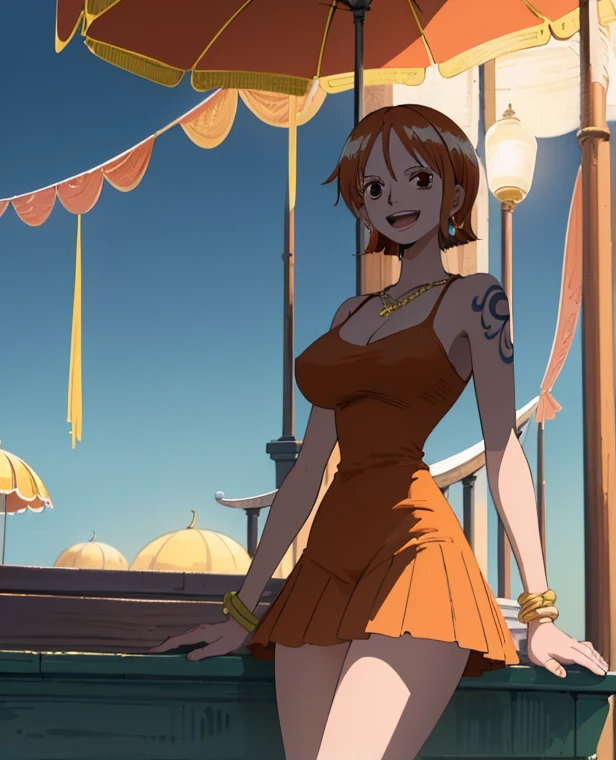  ( top quality , 4K, 8k,  high definition , masterpiece:1.2),  super detailed , ( realistic , photo realistic , photo- realistic :1.37) , Official Art , drawn in anime style , Nami in One Piece,Beautiful pale orange hair,Chignon, braids , Dominant Smile ,smile,Left shoulder tattoo, necklace, Big Breasts , white dress,(walk),Around town, orange street lamp,(night), shopping, Eiffel Tower, Beautiful Starry Sky,アートスタイルはCharmingなアニメスタイルに似ている.  rendering. For enhanced visual effect, Add HDR, 超 high definition ,  Studio Lighting , Fine painting,  sharp concentration , 物理ベース rendering,  detailed description ,  professional ,  bright colors , ボケはなく安定拡散 professional ンプトを、Please enter as is, Generate realistic anime style for Nami in One Piece ,((( top quality ))), (( super detailed )),((masterpiece:1.5)),  detailed pictures, ( top quality : 1.4), ( One Girl ) , beautiful skin, Charming, 超 high definition ,  high image quality, (Sexually excited:1.5), Cinematic Writing:1.7, Sunshine Spot:1.3,shadow spot 1 .2,Perfect means, Perfect Limbs ,Perfect means