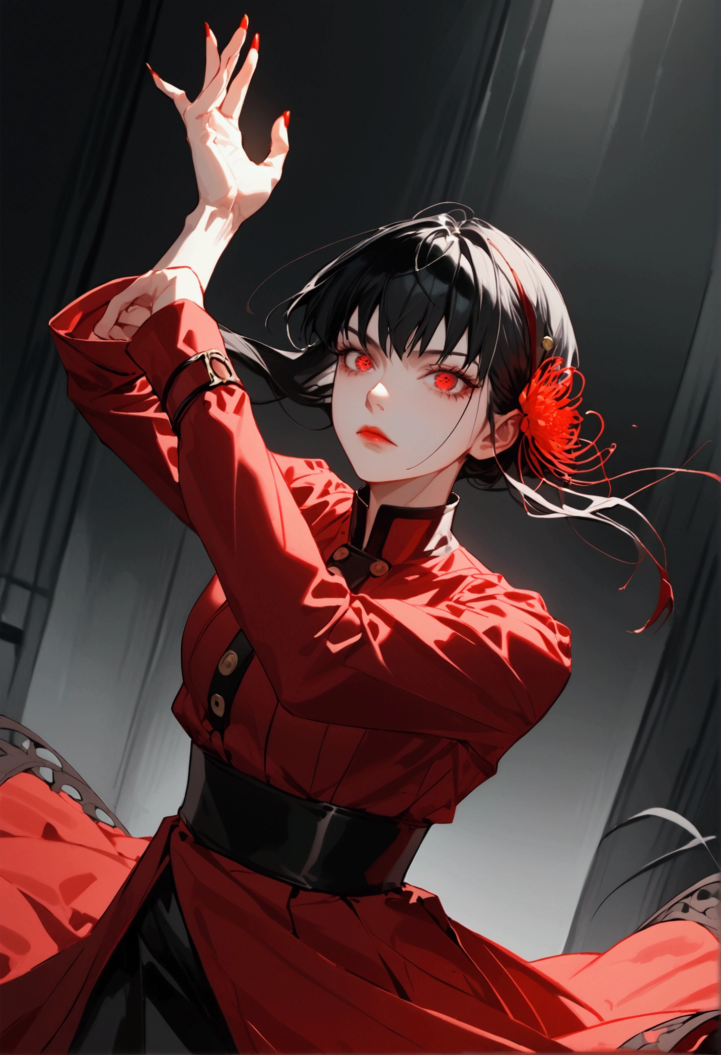 Yor Briar from Spy X Family, long black hair, fair skin, blood red eyes, blood, dynamic pose, kunoichi, lycoris radiata