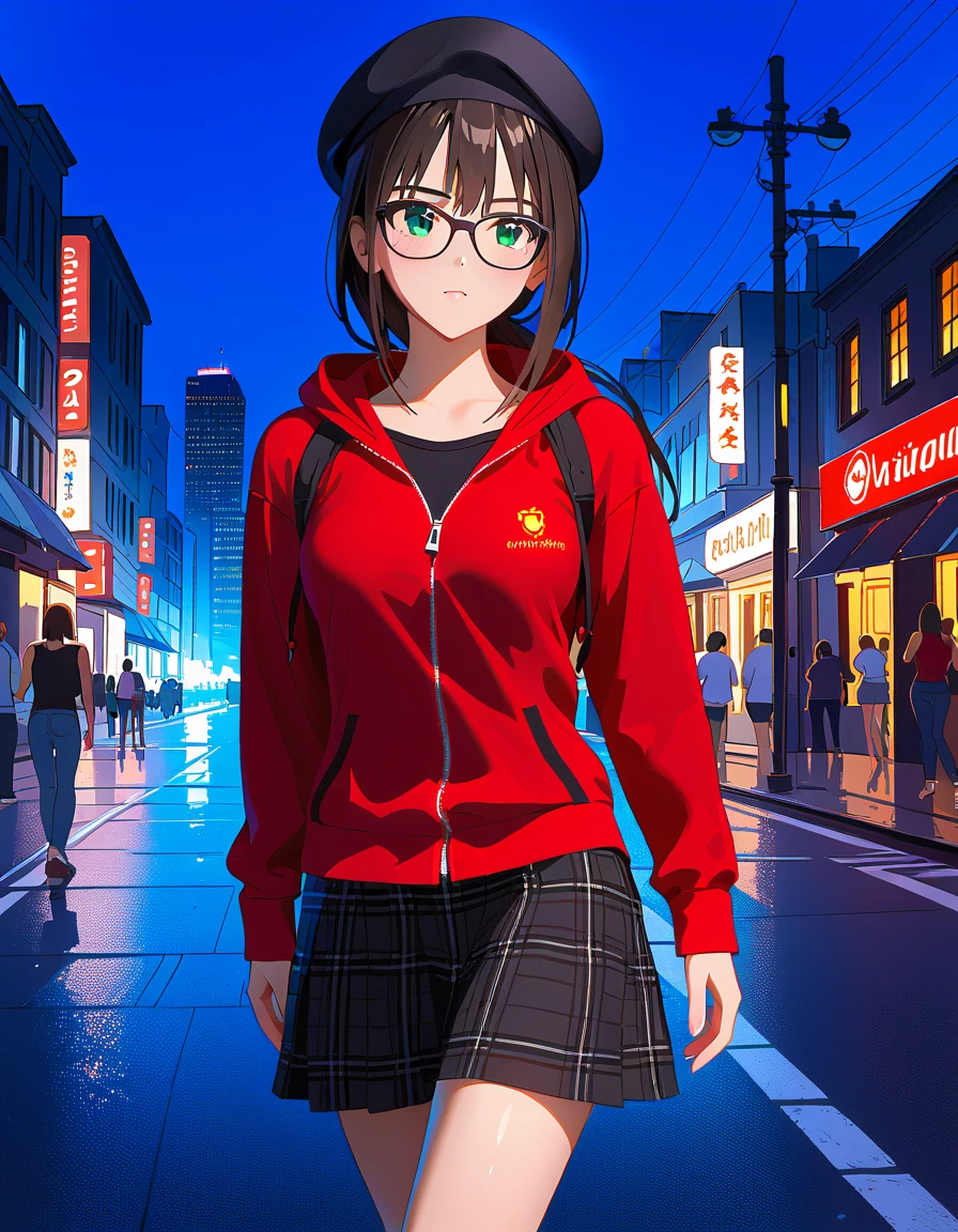 ( Ultra Realistic Photo , RAW photos  , realism , 3d rendering ,Unity Engine), BRAEK ( one girl ,yo,Shibuya Rin, black hair,  green eyes,  long hair,(medium breasts:1.2), low ponytail, black tank top, red hoodie, black plaid skirt, black beret, black glasses), break (upper body), break ( outdoors on the street at night, cityscape, walking, closed zipper),break ( neutral, looking away),break (masterpiece、 top quality 、 super detailed 、 insanely detailed、Exquisite、 beautiful、Full HD、16k、 super high resolution )