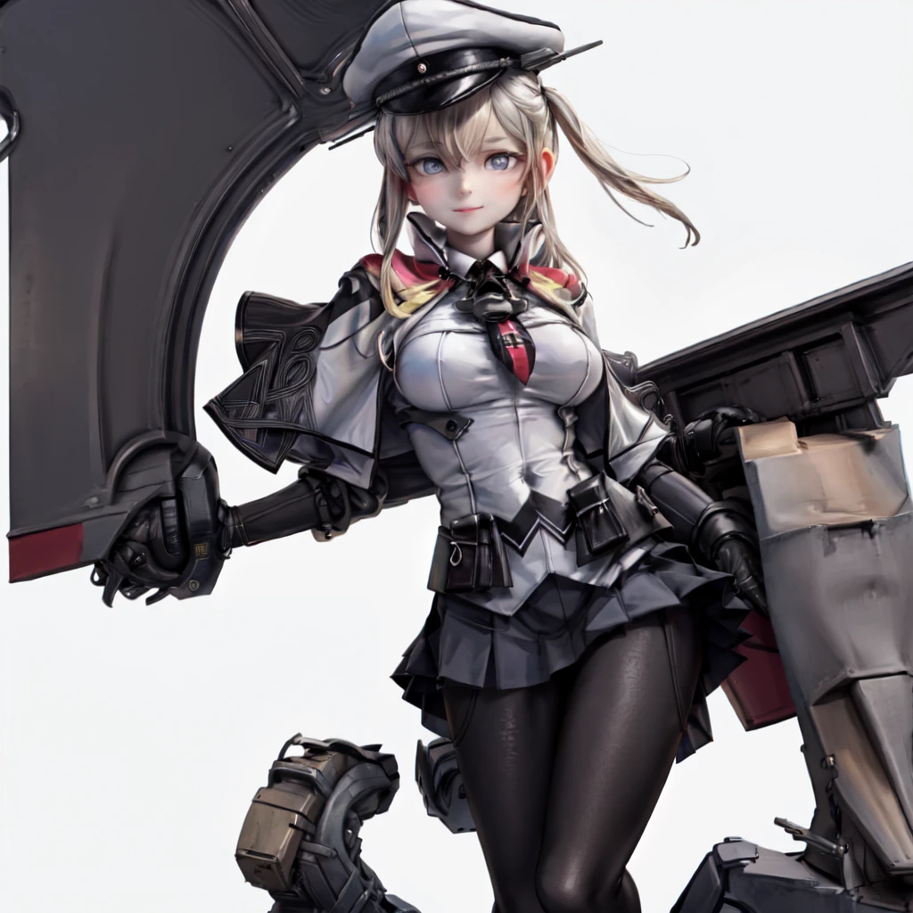 Graf Zeppelin /(Kancolle/),,grey eyes, (large breasts:1.3),  gloves, skirt, capelet, black gloves, black pantyhose, sidelocks, peaked cap, pleated skirt,  black skirt, cross, necktie, miniskirt, military uniform, iron cross, white capelet, long sleeves, white headwear, military hat, white jacket,, masterpiece, hires, absurdres, best quality,, masterpiece, best quality,  (1girl, solo), (simple background), (white background:1.3), (straight-on:1.5), natural, hairclips, solo focus, looking at viewer, facing viewer, standing,  light smile,(cropped legs ),