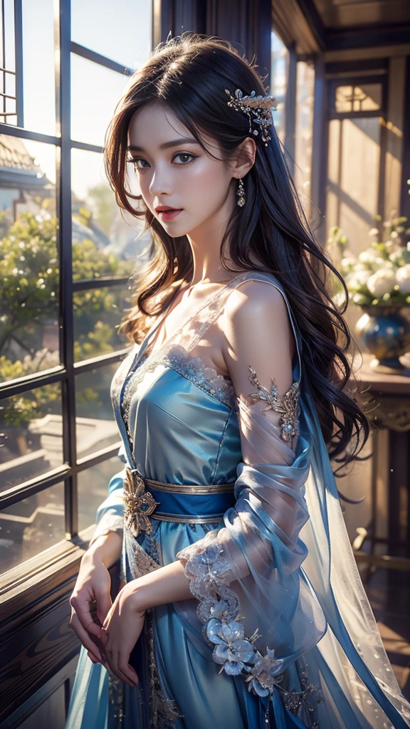 8K ultra hd, masterpiece,1 girl, ((good face)), detailed eyes, ((very long hair)), flowing hair, small breasts, royal dress, decorated dress, blue dress, anitque jwellery, detailed lacing, flowing cape, bare navel, moon light, amazing night outdoor, spot lights, glowing lights, depth of field, ray tracing, bloom, realistic shadow, tyndal effect, spreding, lights, looking at the audience, knee short, sitting,