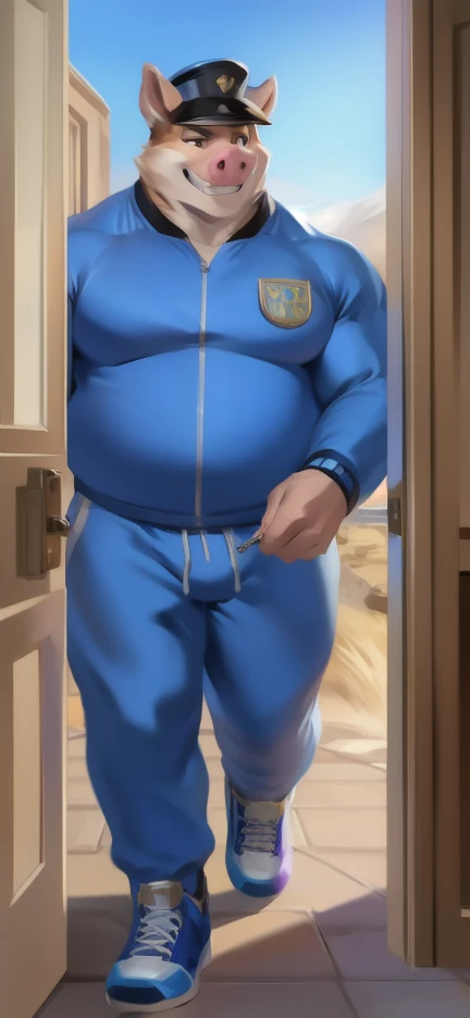 Dogs are fluffy,personal,middle aged,St. Bernard,adult,big,strong,Slightly fat,muscle,teacher,outdoor,Sweat,Wet short sleeves,stand at the door,Smile,Anime style,Blue Theme,Green Plants,Looking at you,Glasses(black frame,Gold Texture),Body(0.5)
