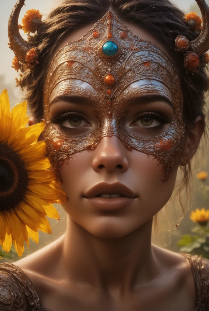  A hyperrealistic close-up portrait of a young woman , which with a whimsical ,  symmetrical avant-garde mask made of intricately woven mesh decorated with shimmering silver accents and bright orange dots.  The mask is beautifully surrounded with artistic fuchsia embroidery ,  which enhances her breathtaking appearance .  A radiant sunflower subtly covers part of her face ,  her glowing yellow petals give the mask a warm contrast .  The picture was taken from a medium perspective ,  which gives a direct view of her facial expression and the intricate details of the mask and flower allow ,  illuminated by natural light ,  which creates a soft and inviting atmosphere .