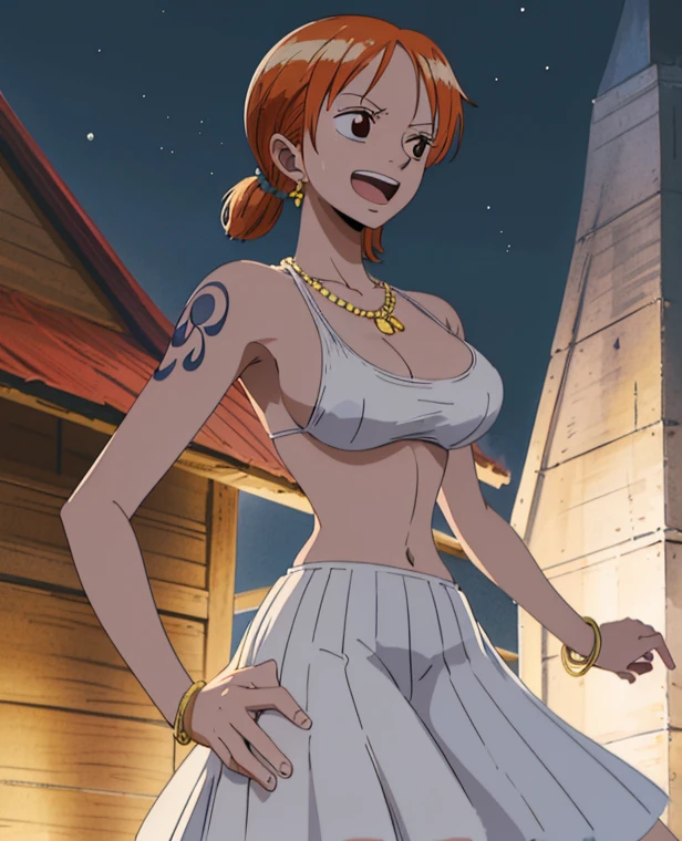  ( top quality , 4K, 8k,  high definition , masterpiece:1.2),  super detailed , ( realistic , photo realistic , photo- realistic :1.37) , Official Art , drawn in anime style , Nami in One Piece,Beautiful pale orange hair,Chignon, braids , Dominant Smile ,smile,Left shoulder tattoo, necklace, Big Breasts , white dress,(walk),Around town, orange street lamp,(night), Eiffel Tower, Beautiful Starry Sky,moon,アートスタイルはCharmingなアニメスタイルに似ている.  rendering. For enhanced visual effect, Add HDR, 超 high definition ,  Studio Lighting , Fine painting,  sharp concentration , 物理ベース rendering,  detailed description ,  professional ,  bright colors , ボケはなく安定拡散 professional ンプトを、Please enter as is, Generate realistic anime style for Nami in One Piece ,((( top quality ))), (( super detailed )),((masterpiece:1.5)),  detailed pictures, ( top quality : 1.4), ( One Girl ) , beautiful skin, Charming, 超 high definition ,  high image quality, (Sexually excited:1.5), Cinematic Writing:1.7, Sunshine Spot:1.3,shadow spot 1 .2,Perfect means, Perfect Limbs ,Perfect means