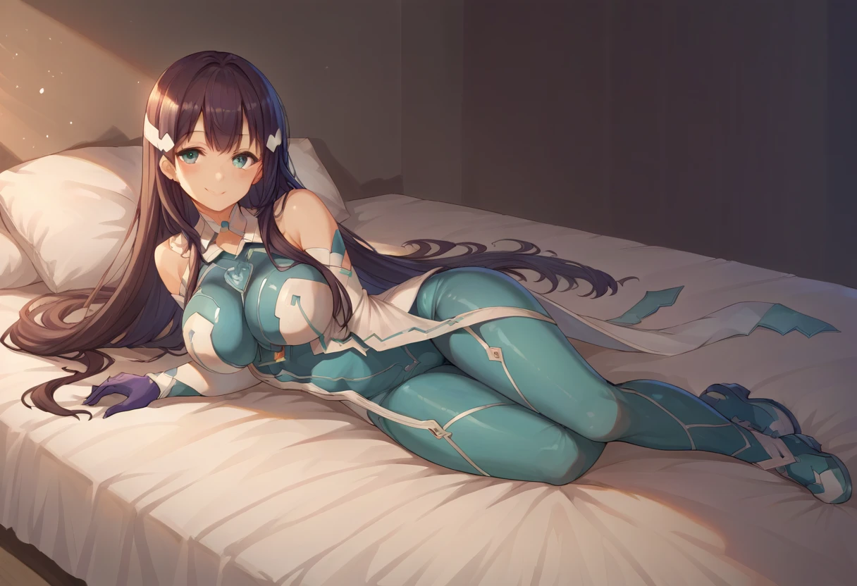 score_9, score_8_up, score_7_up,  source_Anime,  1 girl, Alone, ((full body))), Mimori Togo Hero Suit,  long hair,  headpiece,   Detached Color,  bodysuit , Bare shoulders, Separate sleeves,  gloves, seiza, kneel,  on bed , , smile, 