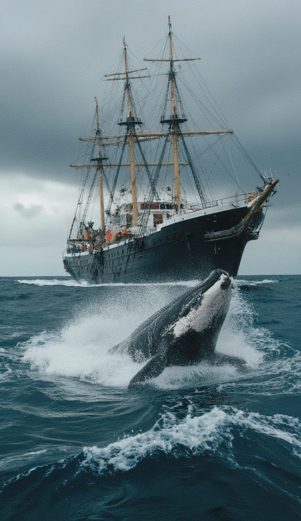 A massive whaling ship with harpoons aimed at a majestic whale breaching the ocean’s surface, under a dramatic cloudy sky, wide shot, hyper-realistic, photo realism, cinematography, ar 9:16