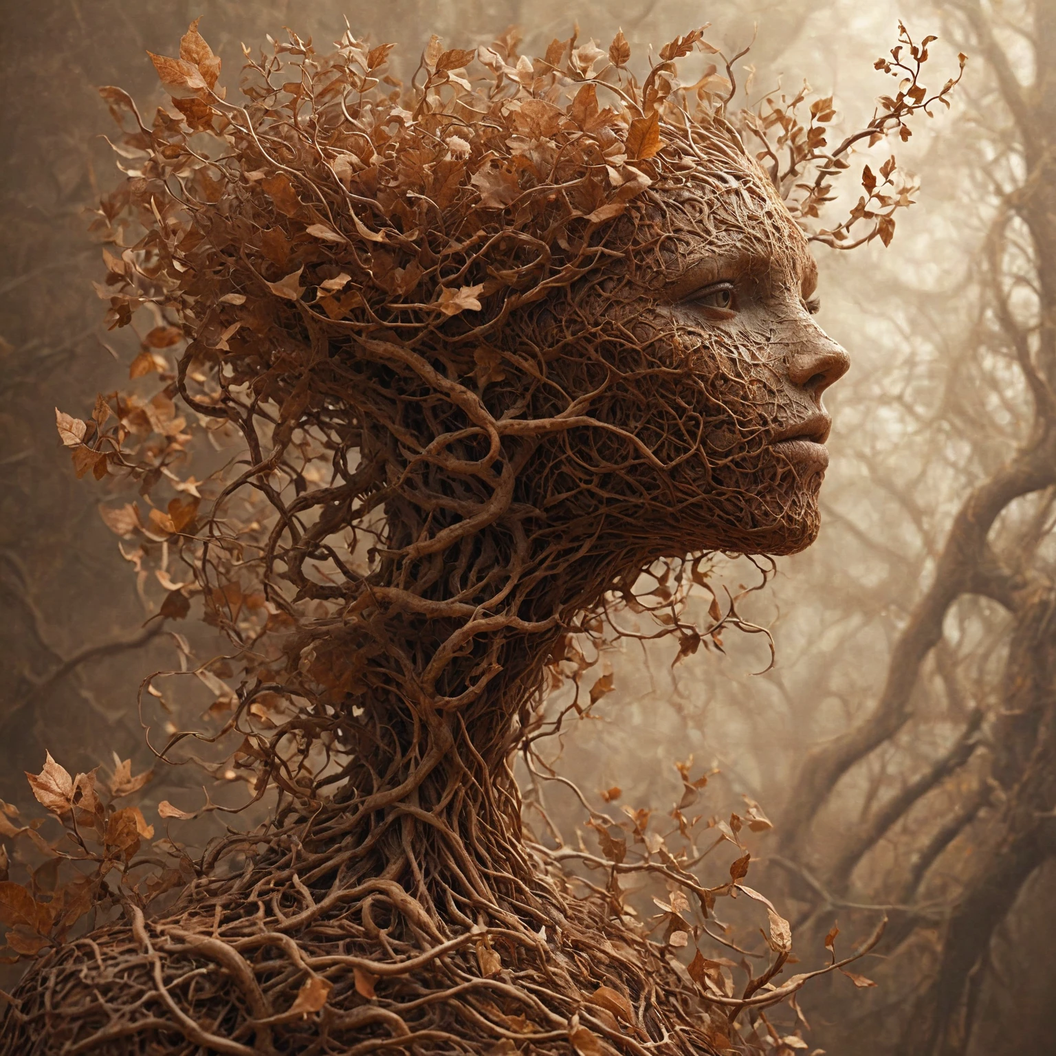 ,a mythical and fluffy female creature made of brown fractal vines,