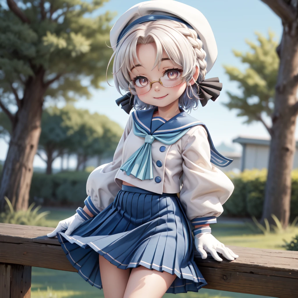 best quality, masterpiece, highly detailed, 1girl, solo, smile,
hirato, braid, glasses, hair ribbon,
school uniform, hat, blue ribbon, blue sailor collar, blue neckerchief, long sleeves, white gloves, blue skirt, pleated skirt,
outdoors,
