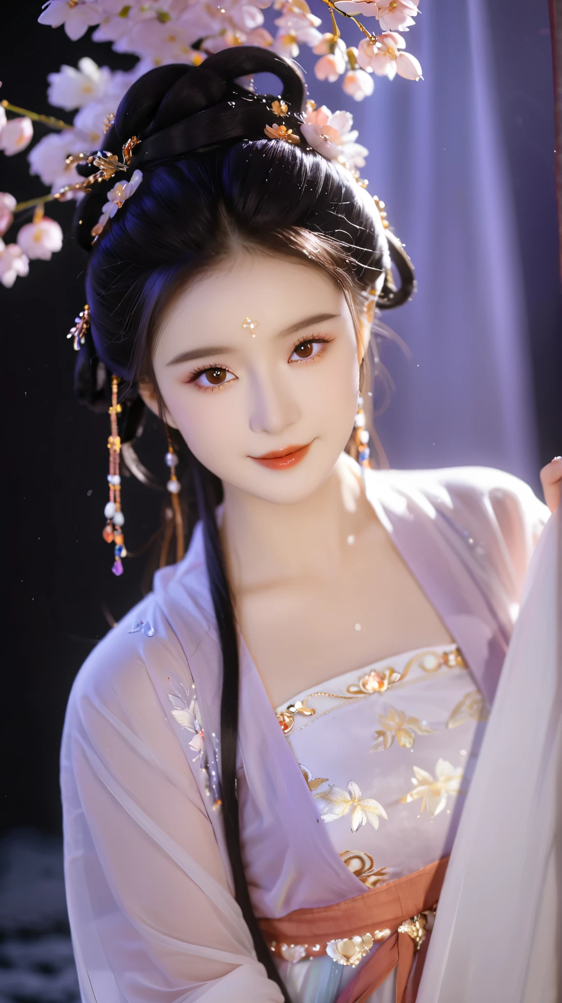  best quality, masterpiece,  high resolution, Martial Arts Girl , blush,(Charming smile:0.8),Large pupil,China Hanfu,Hair accessories,necklace, jewelry, pretty face ,Exceed_ body,  The Tyndell Effect ,Realistic,  DARK STUDIO , Edge lighting, Bicolor Light ,( Highly Detailed Skin :1.2), 8K Ultra HD, SLR camera, Soft Light,  high quality , Volumetric Lighting, frank, photo,  high resolution, 4K, 8K, Bokeh, has purple flowers blooming all around， purple clothes
