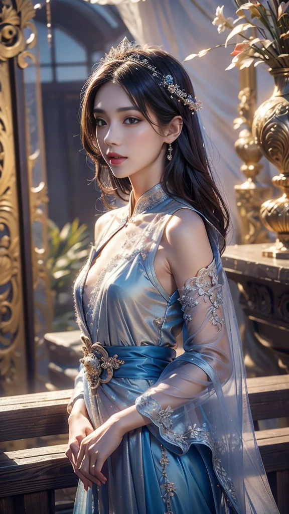 8K ultra hd, masterpiece,1 girl, ((realistic face)), detailed eyes, ((very long hair)), flowing hair, small breasts, royal dress, decorated dress, silver dress, anitque jwellery, detailed lacing, flowing cape, bare navel, moon light, amazing night outdoor, spot lights, glowing lights, depth of field, ray tracing, bloom, realistic shadow, tyndal effect, spreding, lights, looking at the audience, attractive pose, sitting,