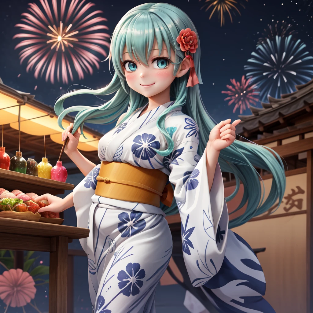 masterpiece, best quality,ultra detail, suzuyayukatakc, aqua hair, aqua eyes, long hair, hair ornament, hair flower, wide sleeves, sash, obi, floral print,white yukata, omatsuri, food stand,night,fireworks,evil smile