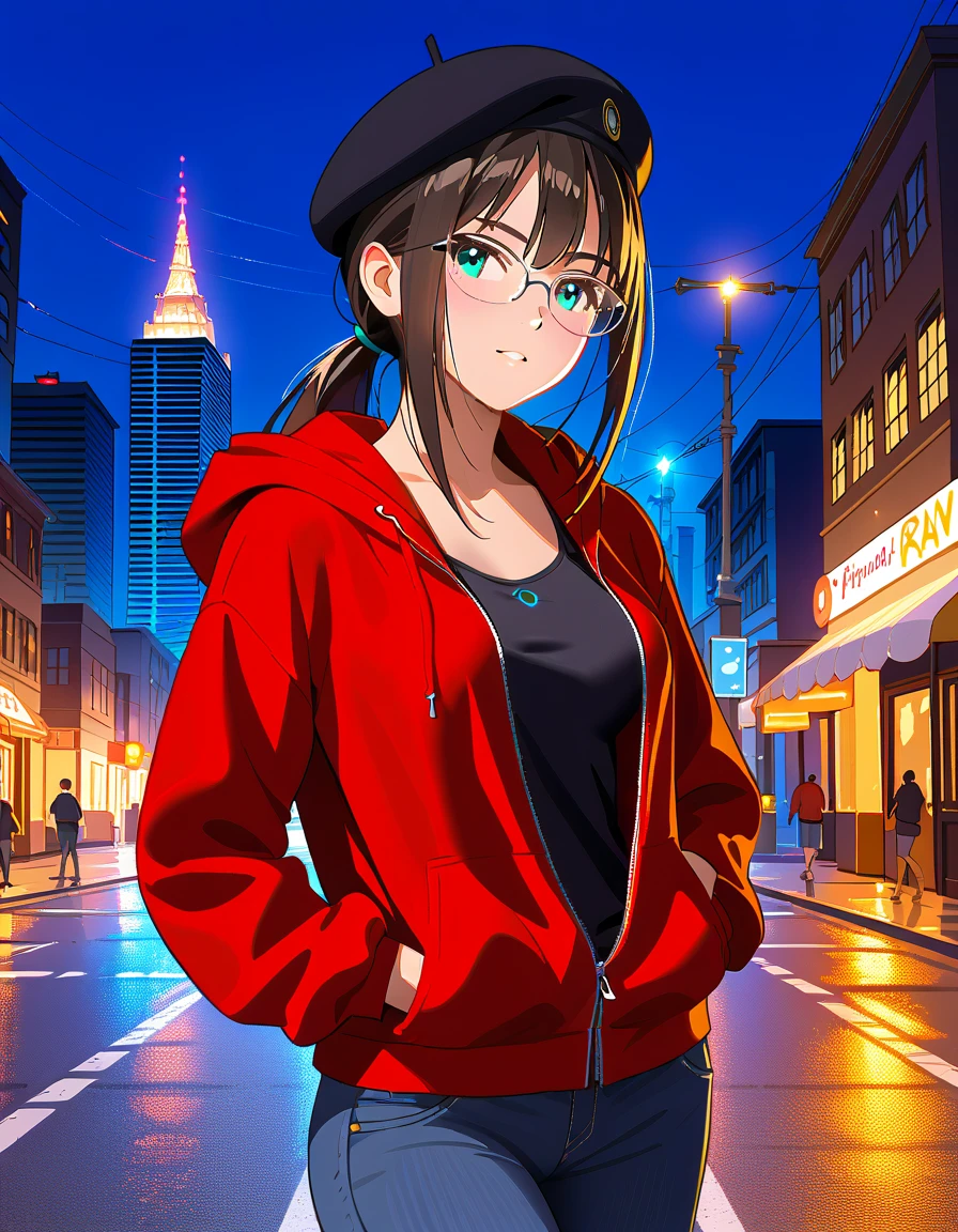 ( Ultra Realistic Photo , RAW photos  , realism , 3d rendering ,Unity Engine), BRAEK ( one girl ,yo,Shibuya Rin, black hair,  green eyes,  long hair,(medium breasts:1.2), low ponytail, black tank top, red hoodie, black beret, black glasses), break (upper body), break ( outdoors on the street at night, cityscape, walking, closed zipper),break ( neutral, looking away),break (masterpiece、 top quality 、 super detailed 、 insanely detailed、Exquisite、 beautiful、Full HD、16k、 super high resolution )