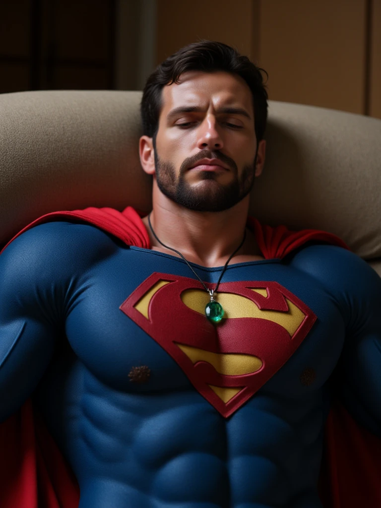 Zafer wearing a blue Superman costume, Superman suit, His chest displays the iconic "S" symbol. Superman's traditional red cape is present, attached to the shoulder and flowing behind him, lies on a sofa at home, pained facial expression, almost unconscious, eyes closed, a glowing emerald green crystal pendant hanging around his neck,