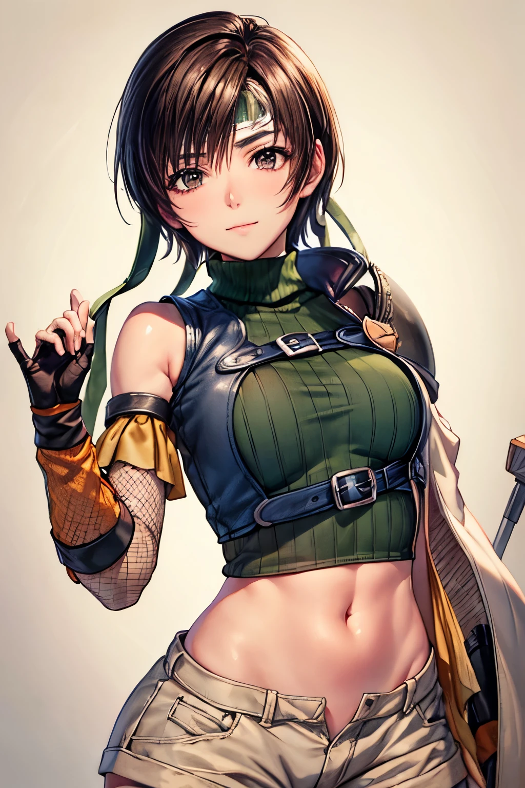 Yuffie Kisaragi, Yuffie_Kisaragi, ff7, sultry face, (Beige shorts),Green sleeveless Short turtleneck), (brown eyes:1.3) long eyelashes, beautiful dark brown eyes with brightness, surrealism, shadow, atmospheric perspective, cinematic lighting, ray tracing, 8k, super detail, best quality, masterpiece, well detailed, Bigger breasts, slim,anime style, Perfect Eyes,Pauldron,headband, Japanese Backdrop, Cast