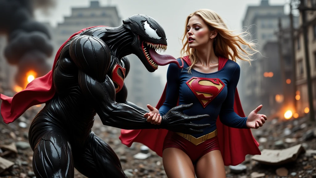 Create a dramatic and intense scene featuring Supergirl and a menacing Venom. Supergirl, with her long blonde hair and iconic red and blue costume, is shown in a moment of vulnerability and distress.  Supergirl toned and sexy midriff is visible. Supergirl has huge Bust size and her top is low-cut. She is being held forcefully by the menacing figure, who is wearing a black suit with a red Superman emblem on his chest. Venom has his large tongue out and it's touching Supergirl's neck.

Supergirl's expression should convey a mix of fear and defiance, with her eyes closed and her mouth slightly open, as if she is grimacing or crying out. The menacing figure should have a cold, emotionless expression, emphasizing his malevolent nature.

The background should depict a chaotic and destructive scene, with buildings in ruins and fires burning, suggesting a city under attack. The overall mood of the image should be tense and foreboding, capturing a critical and perilous moment for Supergirl.