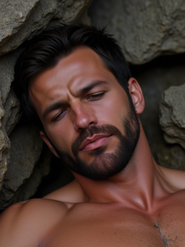 Zafer, lies on a rocky floor leaning against a rock, sore, with his eyes closed and his mouth slightly open, he appears weak and in pain. Expression of pain, with blood on his face