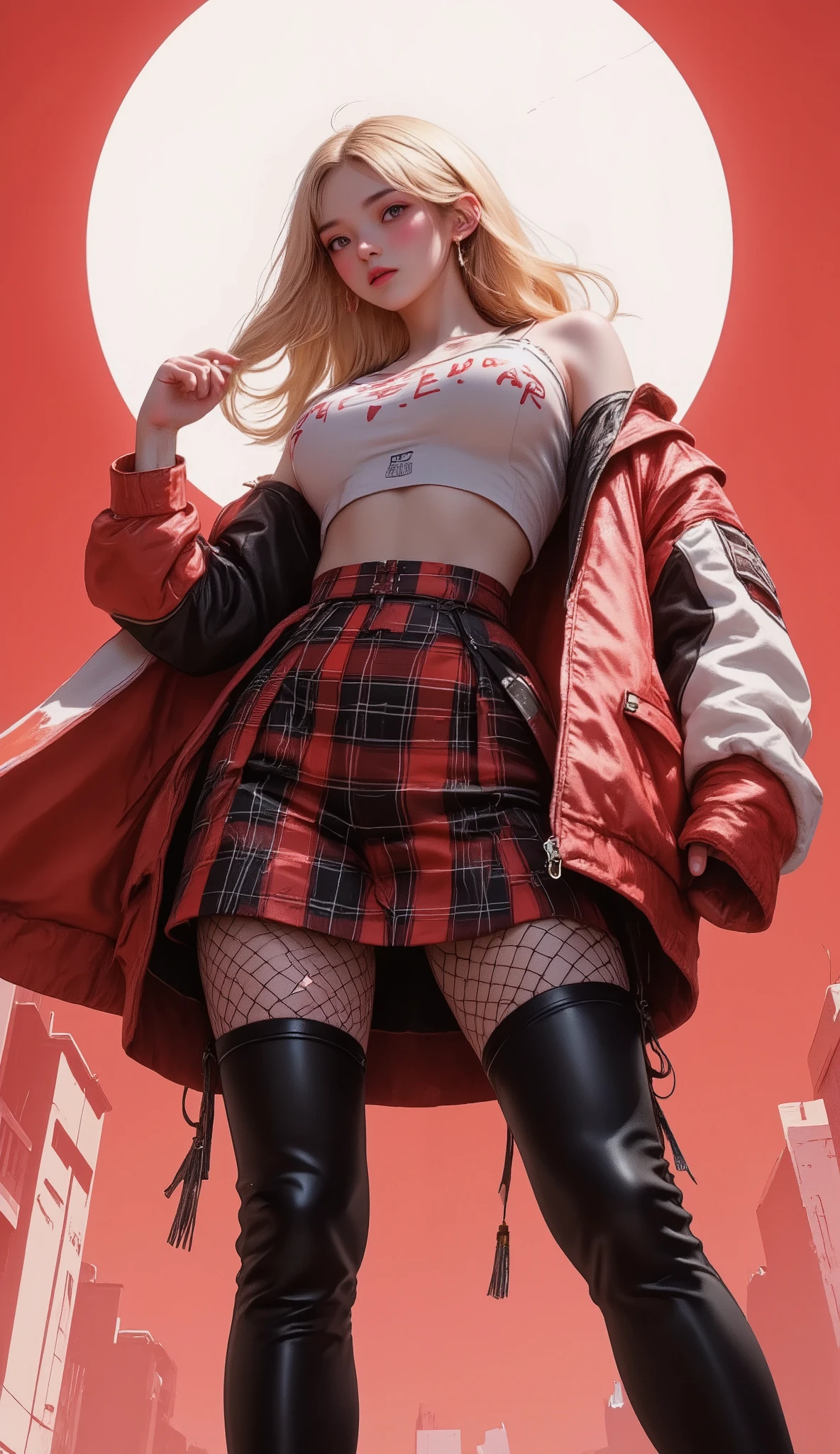 Anime girl ,  she is half profile ,  red and black plaid miniskirt,  three-quarter fishnet stockings , long black boots,  white sweatshirt with red letters , blonde hair blowing in the wind, red wool hat ,  red and black jacket falling on her shoulders , red white and black paint background,  an anime drawing of Masamune Shirow  , Sensual dynamic pose, trend on pixiv, Furry art, Danganronpa digital art,  anime style, anime style”,  blonde anime girl with long hair ,  High quality anime art style ,  ranked among the best in pixiv , beautiful anime high school girl, obra de arte de  anime style,  trending anime illustration 