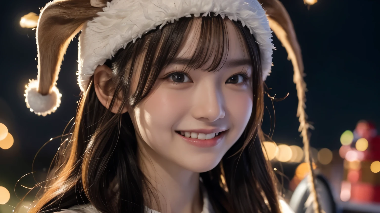 winter night, a girl dressed as Santa, pulling a Christmas sleigh, falling from the sky, upside down, bitter smile and confused expressions, reindeer with a smile on the board, a lot of gift boxes falling from the sleigh, wavy long length hair, plae orange and brown hair, pompadour hairstyle, twisted bangs, beautiful white-colored translucent skin, slendar figure, very sweaty, glossy face, about to cry, a comical scene, with the main character posed in the nearly center, close-up shot, horizontal landscape images, {realistic}, {cinematic}, {photogenic}